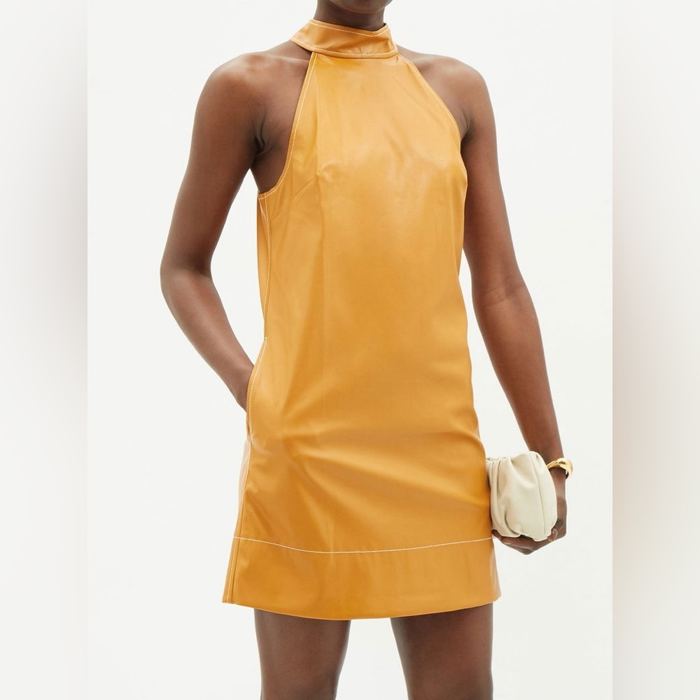 STAUD Sicily Faux-Leather Halterneck Dress, Size 8, BRAND NEW. $295